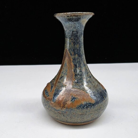 Handcrafted Ceramic Vase Rustic Blue & Brown Glaze Finish Signed Studio Pottery - Picture 6 of 8